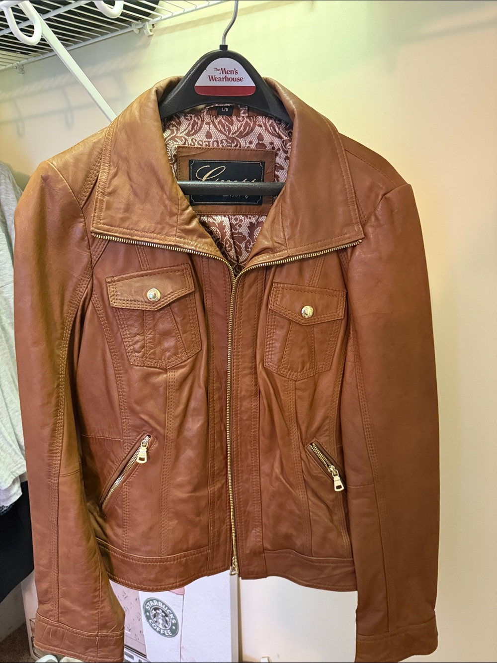 Guess Cognac Brown Leather Zip-Front Jacket
